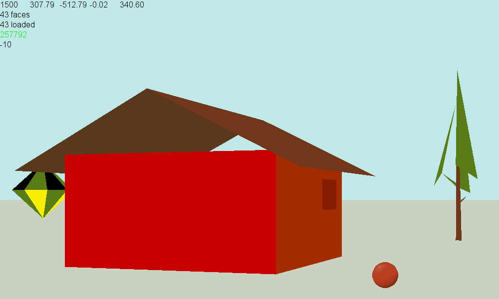 The view of my own 'Matrix'. A simple house, tree, ball sprite, and flashing polyhedron.