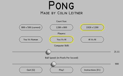 The main menu of my Pong game.
