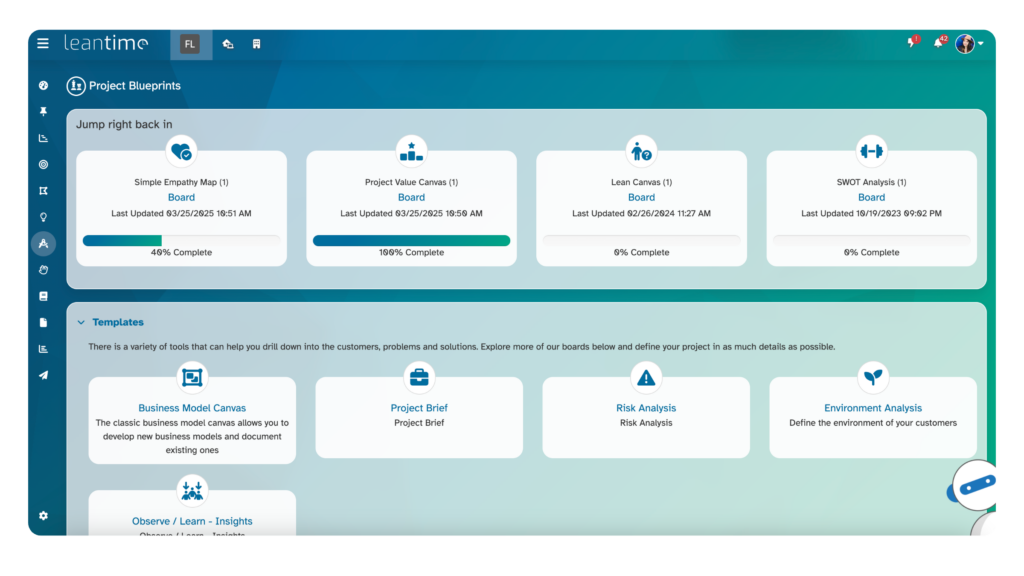 image highlights Leantime's Project Blueprints features, allowing users to create project purpose and plans