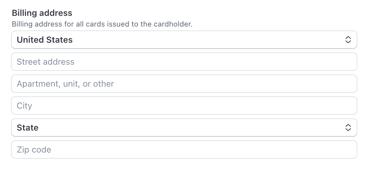 Issuing cardholder form billing address fields