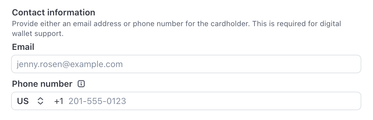 Issuing cardholder form contact information fields
