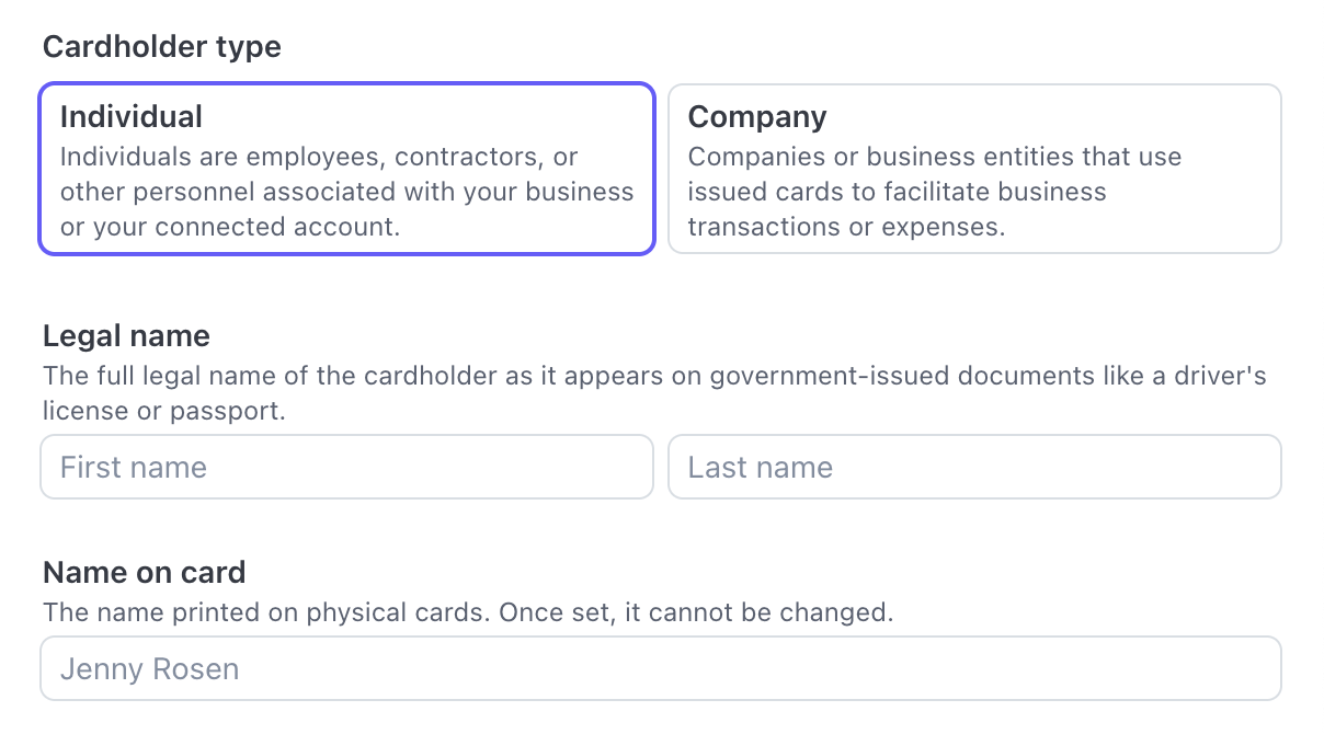 Issuing cardholder form type and name fields