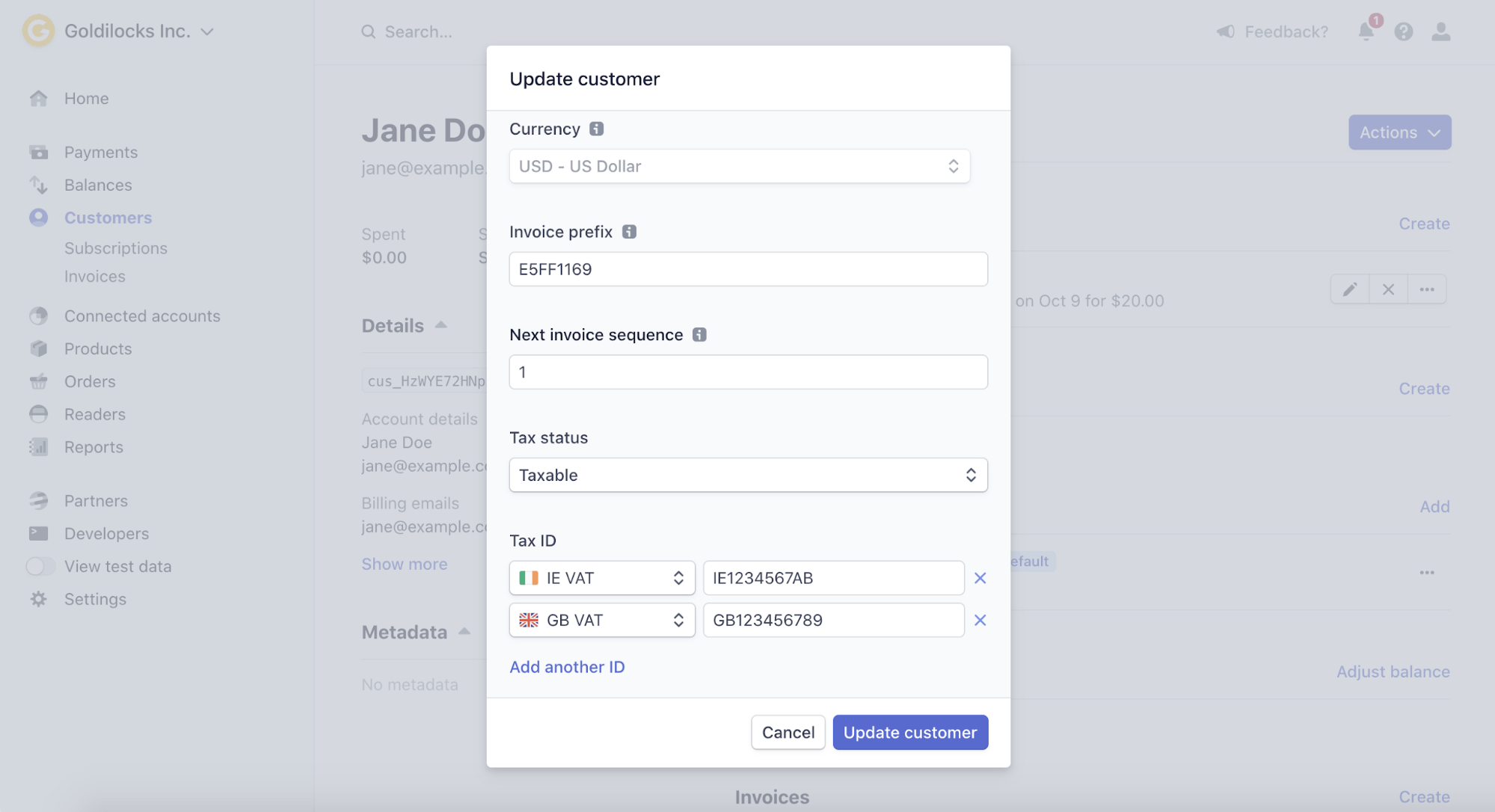 A customer's tax IDs in the Stripe Dashboard