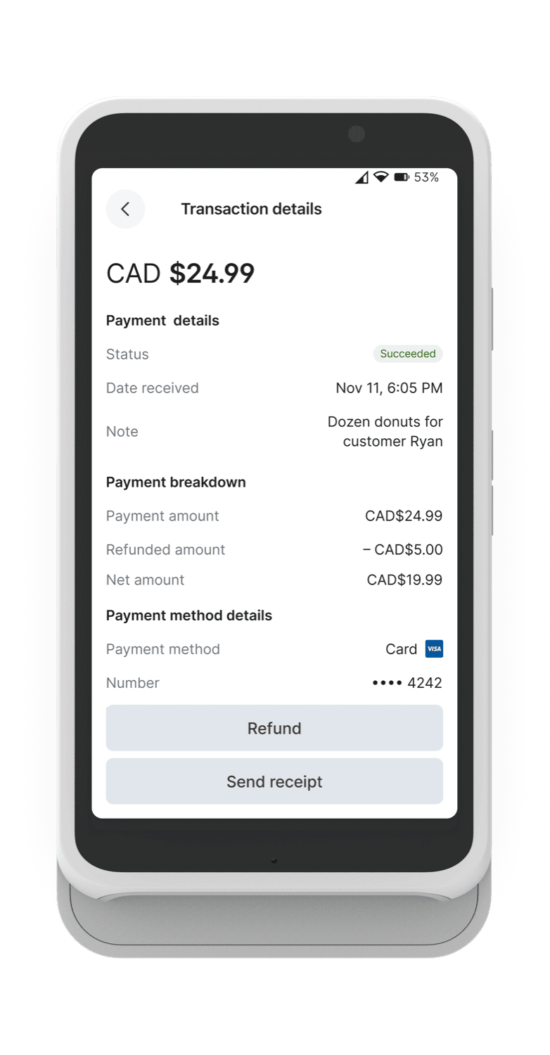 Standalone mode transaction details screen showing payment status, breakdown, and refund options