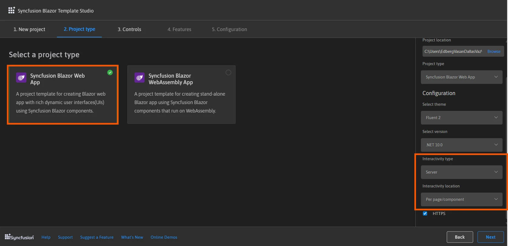 Project type selection showing Blazor Web App options