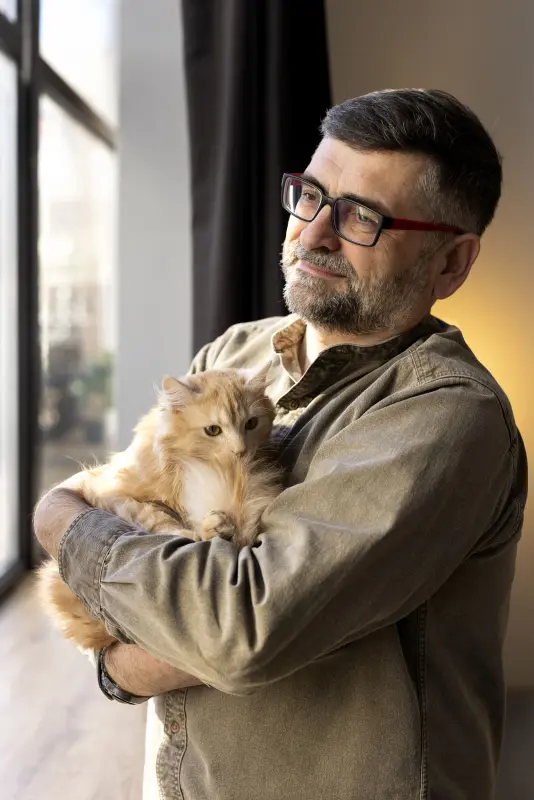 Ein Mann hält seine Katze im Arm Ein Mann hält seine Katze im Arm