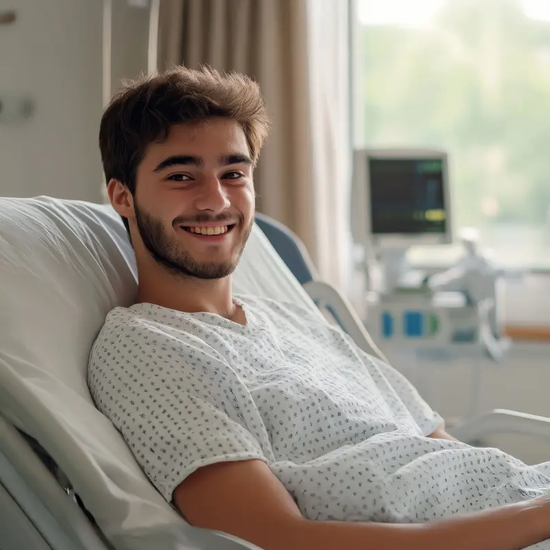 BarmeniaGothaer Krankenhauszusatzversicherung: Ein junger Mann liegt in einem Krankenhausbett und lächelt BarmeniaGothaer Krankenhauszusatzversicherung: Ein junger Mann liegt in einem Krankenhausbett und lächelt