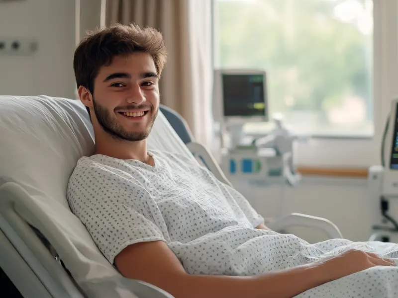 BarmeniaGothaer Krankenhauszusatzversicherung: Ein junger Mann liegt in einem Krankenhausbett und lächelt BarmeniaGothaer Krankenhauszusatzversicherung: Ein junger Mann liegt in einem Krankenhausbett und lächelt