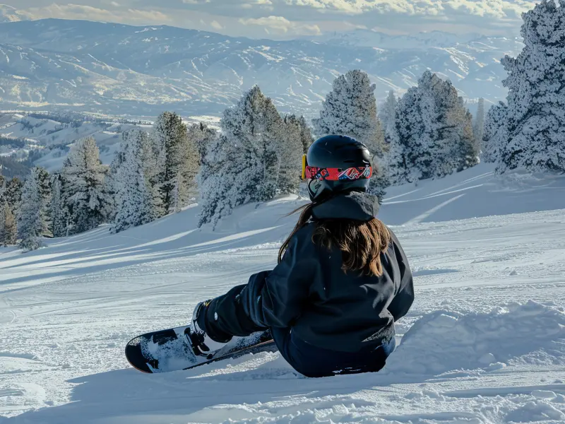 Eine Snowboarderin sitzt im Schnee Eine Snowboarderin sitzt im Schnee