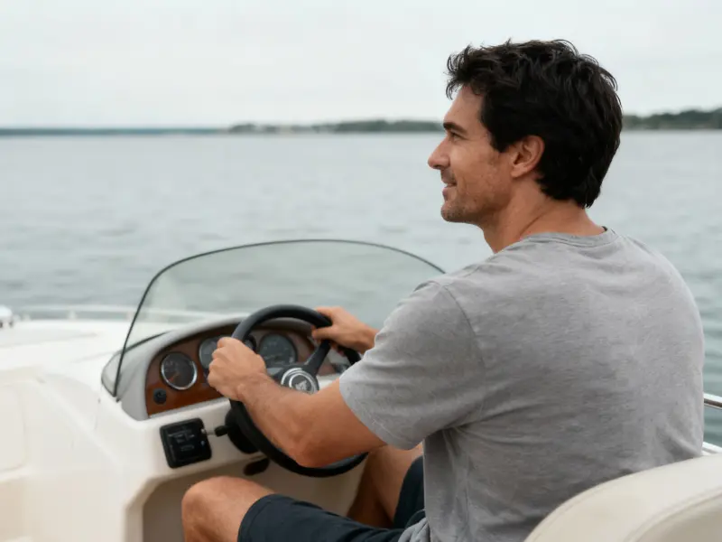 Ein Mann fährt mit einem Boot auf dem Wasser Ein Mann fährt mit einem Boot auf dem Wasser