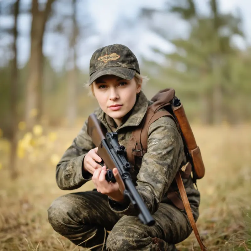 Jägerin mit einem Jagdgewehr im Wald Jägerin mit einem Jagdgewehr im Wald