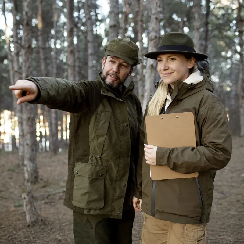 Waldbesitzerin mit Jäger im Wald Waldbesitzerin mit Jäger im Wald