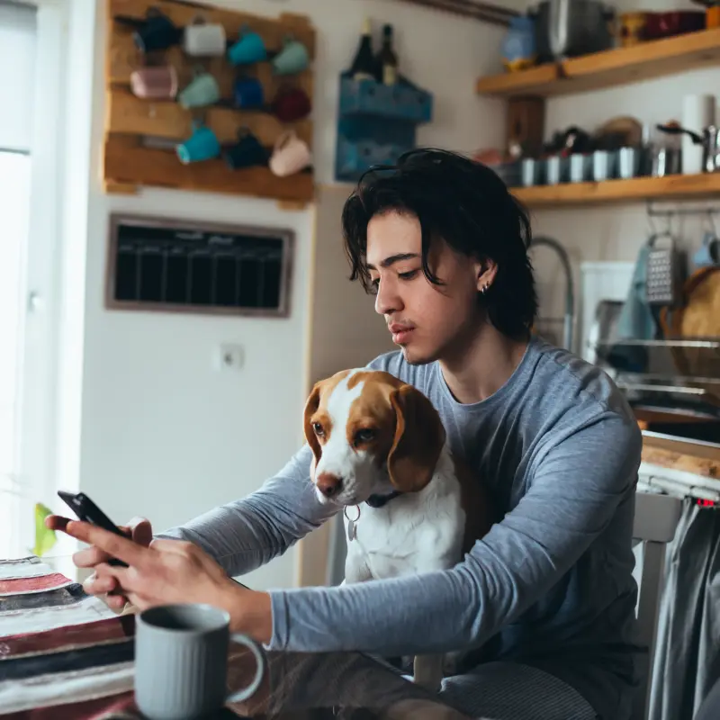 Ein junger Mann schaut auf sein Handy und sein Hund sitzt auf seinem Schoß Ein junger Mann schaut auf sein Handy und sein Hund sitzt auf seinem Schoß