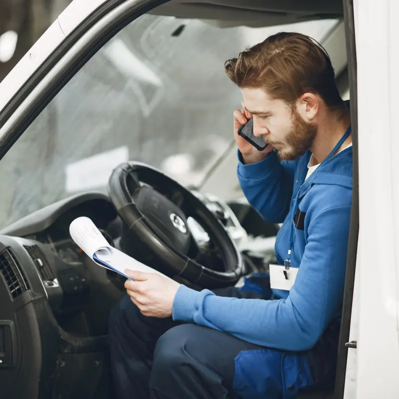 Ein Fahrer eines Transporters sitzt in seinem Transporter und telefoniert Ein Fahrer eines Transporters sitzt in seinem Transporter und telefoniert