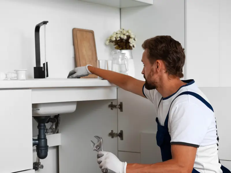 Ein Hausmeister repariert den Abfluss Ein Hausmeister repariert den Abfluss