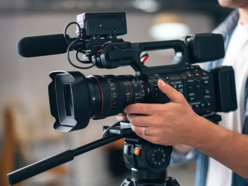 Eine Filmkamera wird von einem Videografen gehalten Eine Filmkamera wird von einem Videografen gehalten
