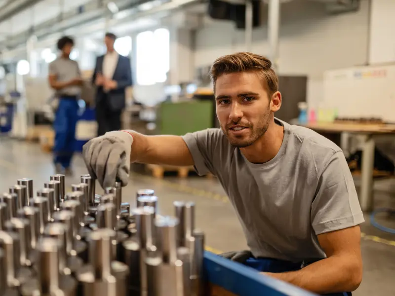 Ein junger Maschinenbauingenieur prüft eine Maschine Ein junger Maschinenbauingenieur prüft eine Maschine
