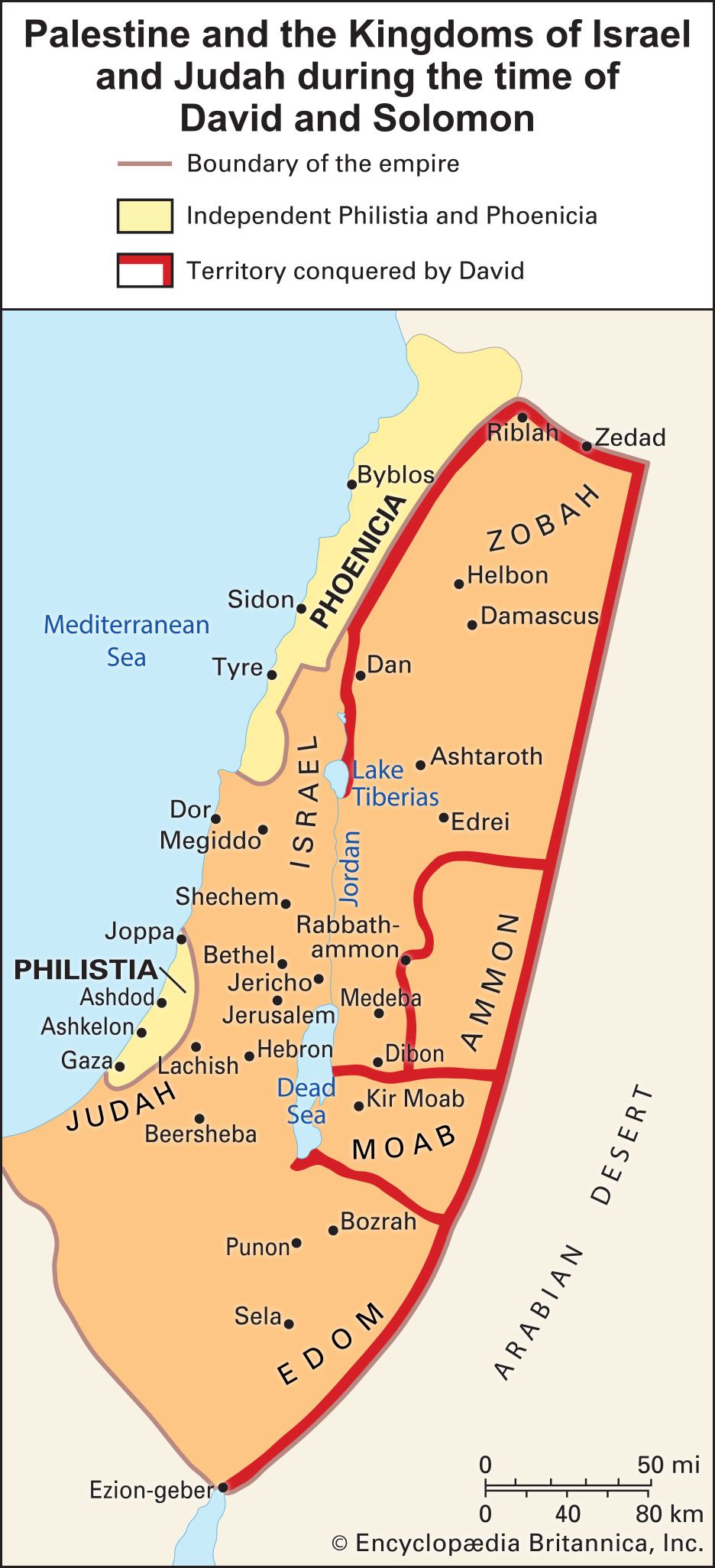 Map titled ‘Palestine and the Kingdoms of Israel and Judah during the time of David and Solomon,' with tan/orange land, yellow Philistia and Phoenicia, red borders, and blue seas