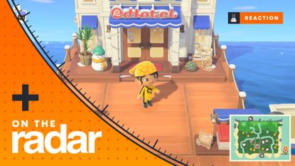 An Animal Crossing: New Horizons player standing on the pier in front of a hotel