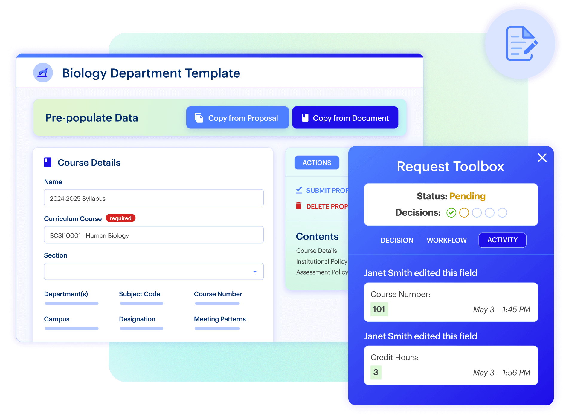 User interface of a Biology Department Template for syllabus management showing course details and a request toolbox with pending status and recent activity edits.