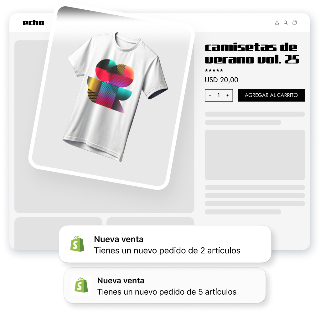 Página web con una camiseta de print on demand. Sobre la página, se muestran notificaciones que indican pedidos nuevos.
