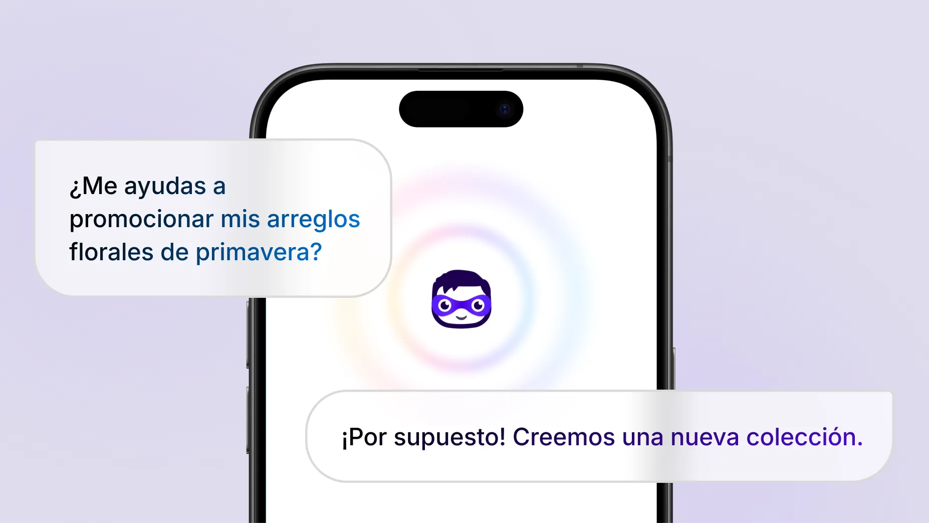 Animación que muestra el siguiente texto entre comillas: "¿Me ayudas a promocionar mis flores de primavera?". En un teléfono, el asistente de IA de Shopify, Sidekick, responde y sugiere crear una nueva colección. El texto de la respuesta está rodeado de ondas de audio pulsantes, lo que indica que la respuesta de Sidekick es audible. Luego, Sidekick procede a crear una colección de productos llamada Flores de primavera con tres ramos destacados.