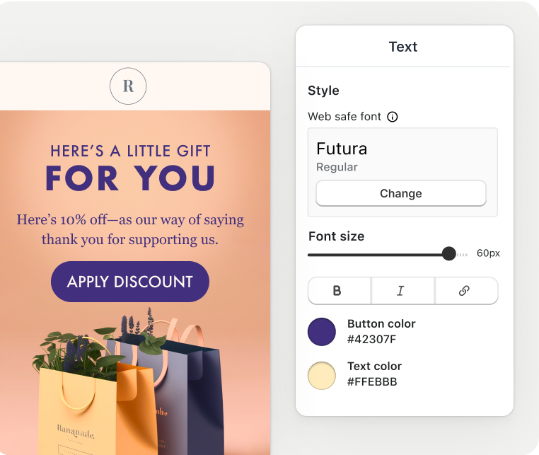 A marketing email featuring a discount next to a product user interface that shows options for selecting a color scheme and arranging various type font elements