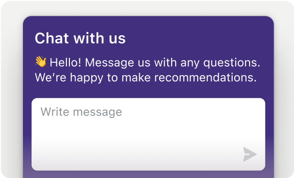 A purple chat window inviting a user to ask questions and get product recommendations.