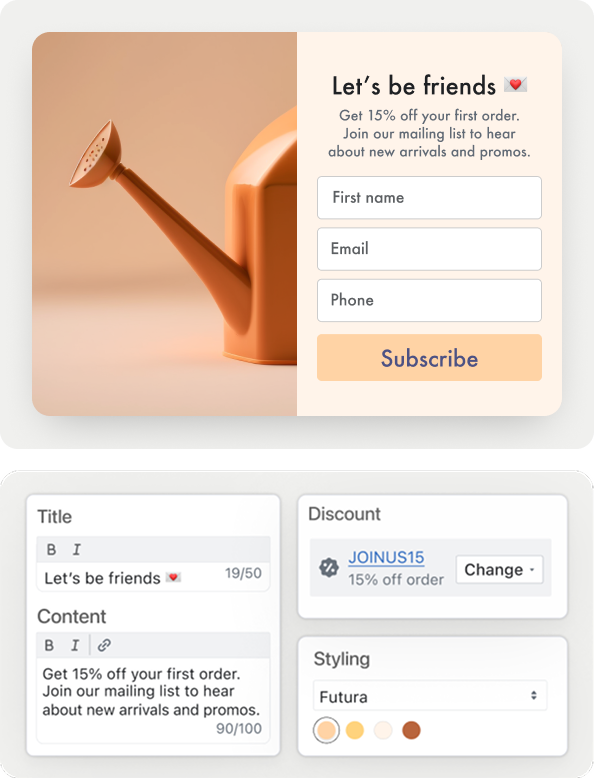 A lead capture form that asks for name, email, and phone number alongside an image of a watering can. Below are product user interface components to customize the form, with space to write the form copy, assign brand colors, and select a store discount.