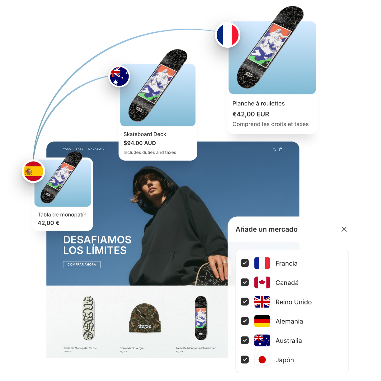Interfaz de una tienda online con tarjetas de productos flotantes que muestran las monedas locales y sus banderas.