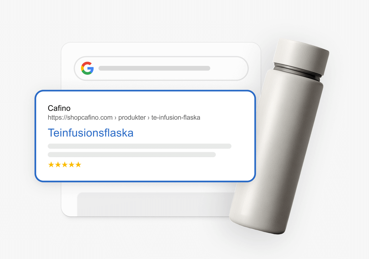 Google-sökresultat som lyfter fram en sida för en teflaska med fem stjärnor, bredvid en stilren grå termos.