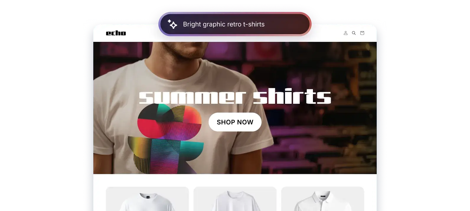 A text field in which a user has typed “bright graphic retro t-shirts.” Under the text field, an AI-generated homepage matching that description.