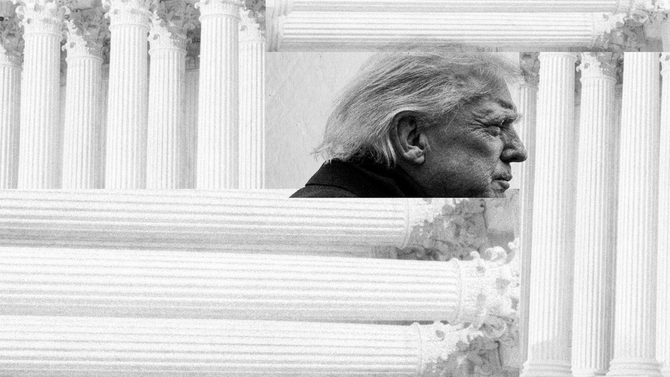 A black-and-white image of President Trump's side profile surrounded by stacks of Supreme Court building columns
