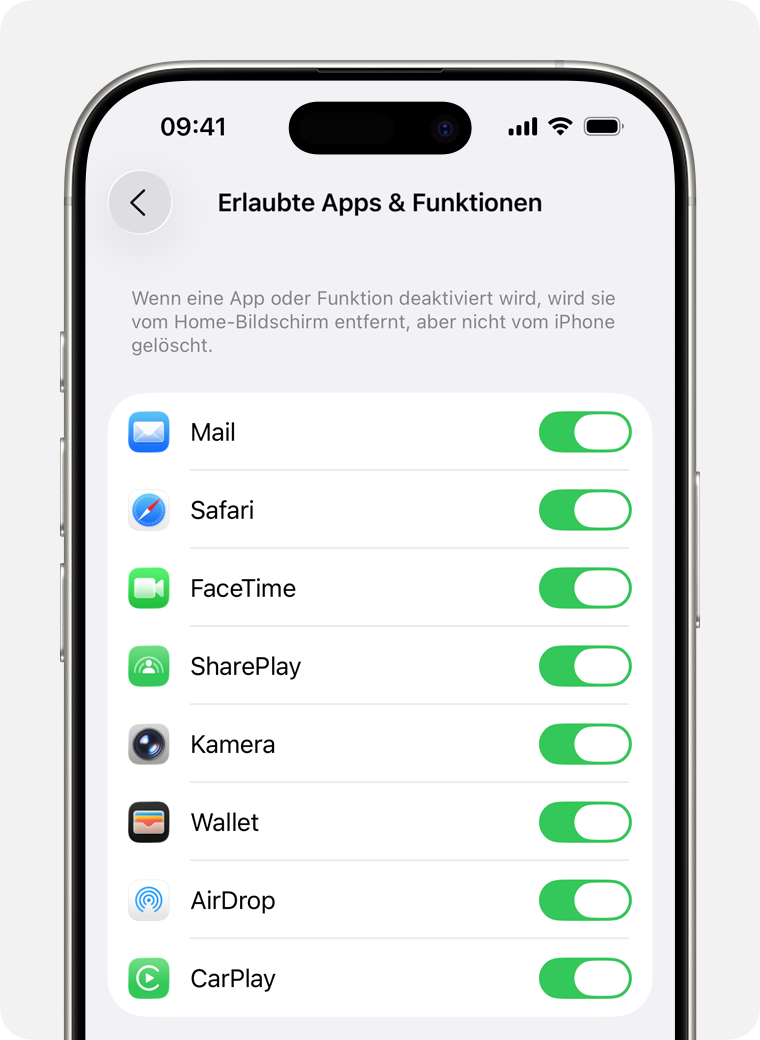 iPhone-Bildschirm mit erlaubten Apps, die du verwalten kannst.