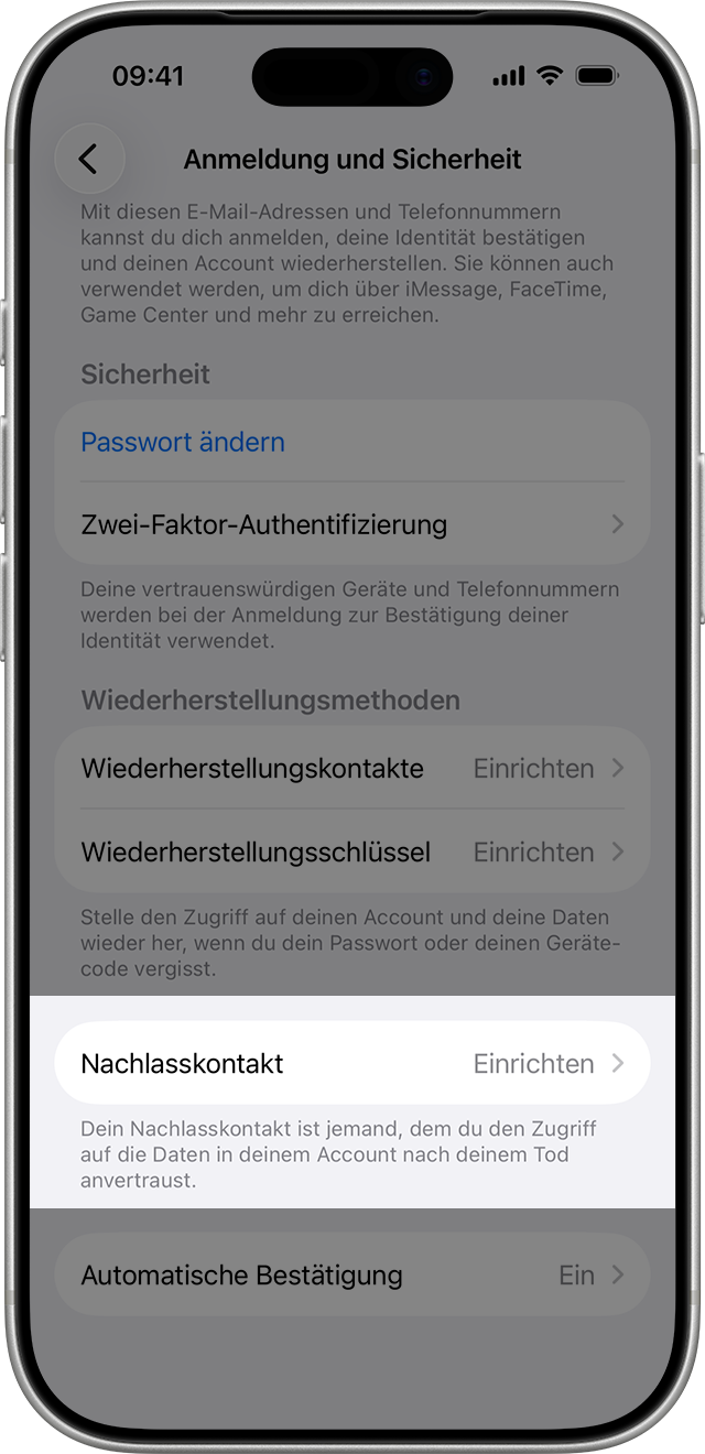 iPhone, auf dem gezeigt wird, wie ein Nachlasskontakt hinzugefügt wird.