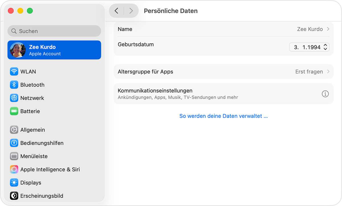 Apple Account-Einstellungen auf dem Mac mit Anzeige des Geburtsdatums