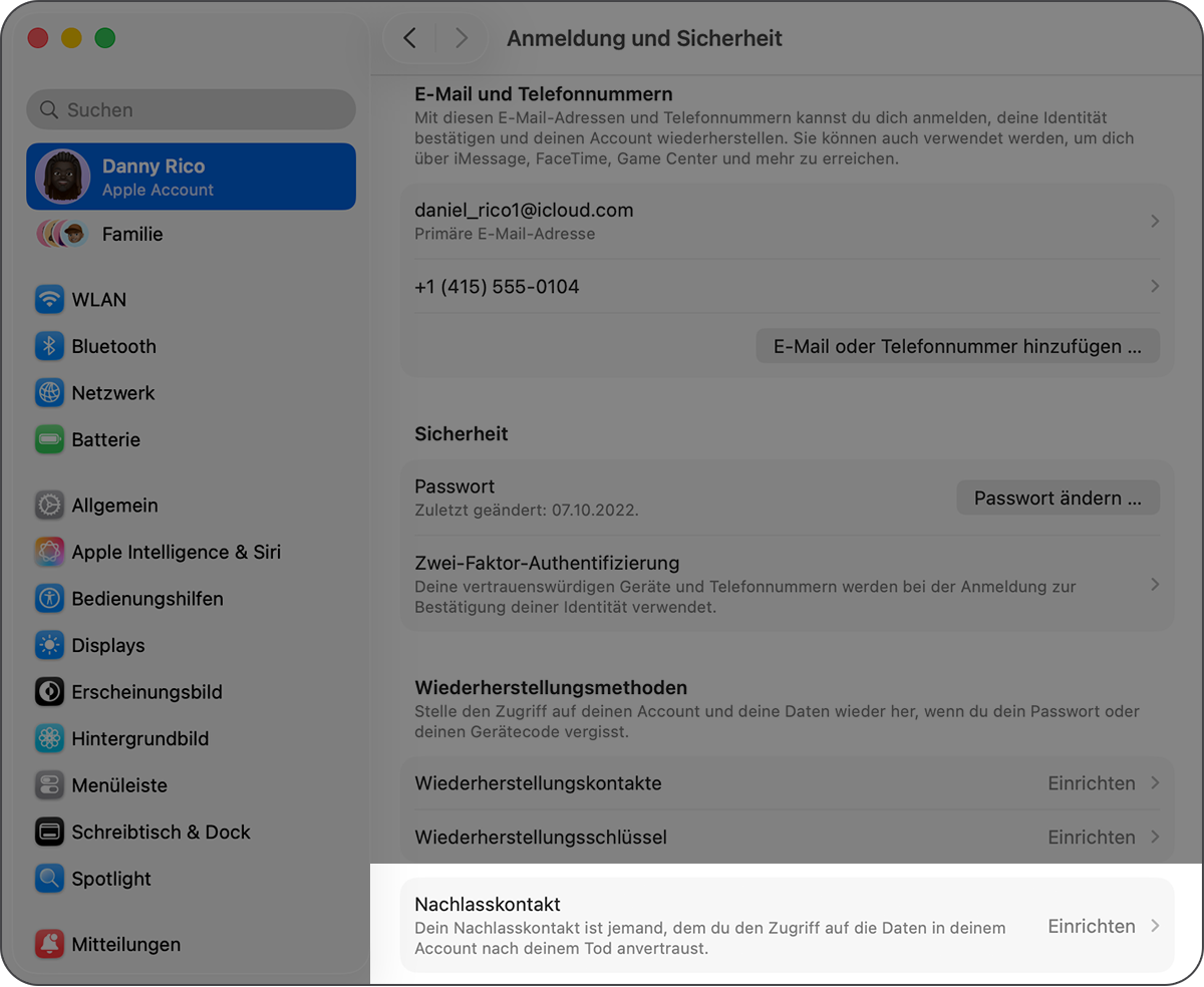 Mac mit den Systemeinstellungen und dem Hinzufügen eines Nachlasskontakts.