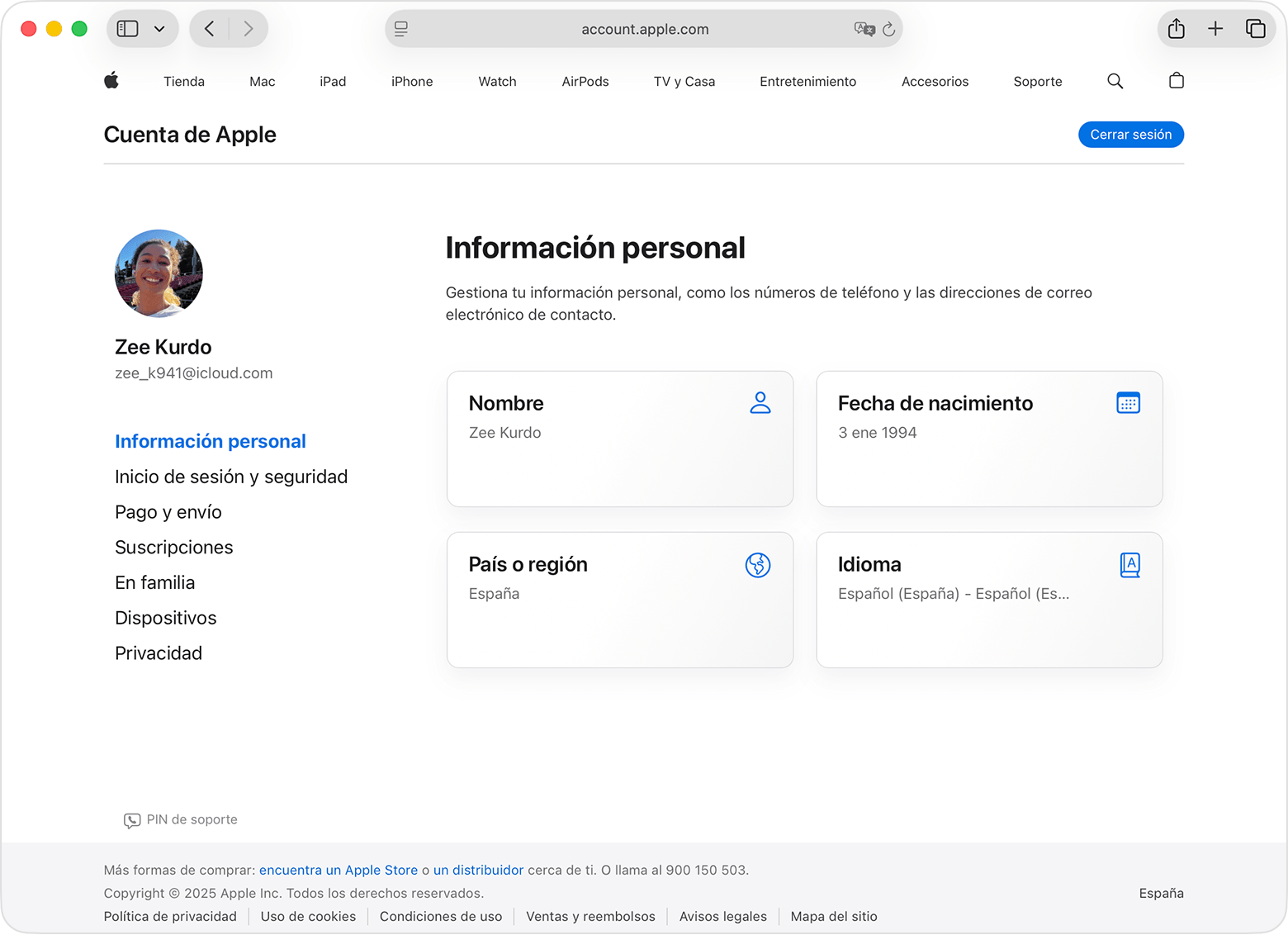 Página de la cuenta de Apple que muestra Información Personal y Fecha de Nacimiento
