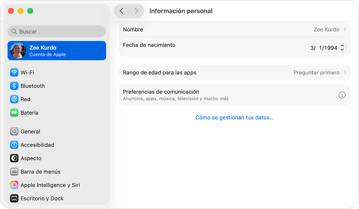Ajustes de la cuenta de Apple en un Mac que muestra Fecha de Nacimiento