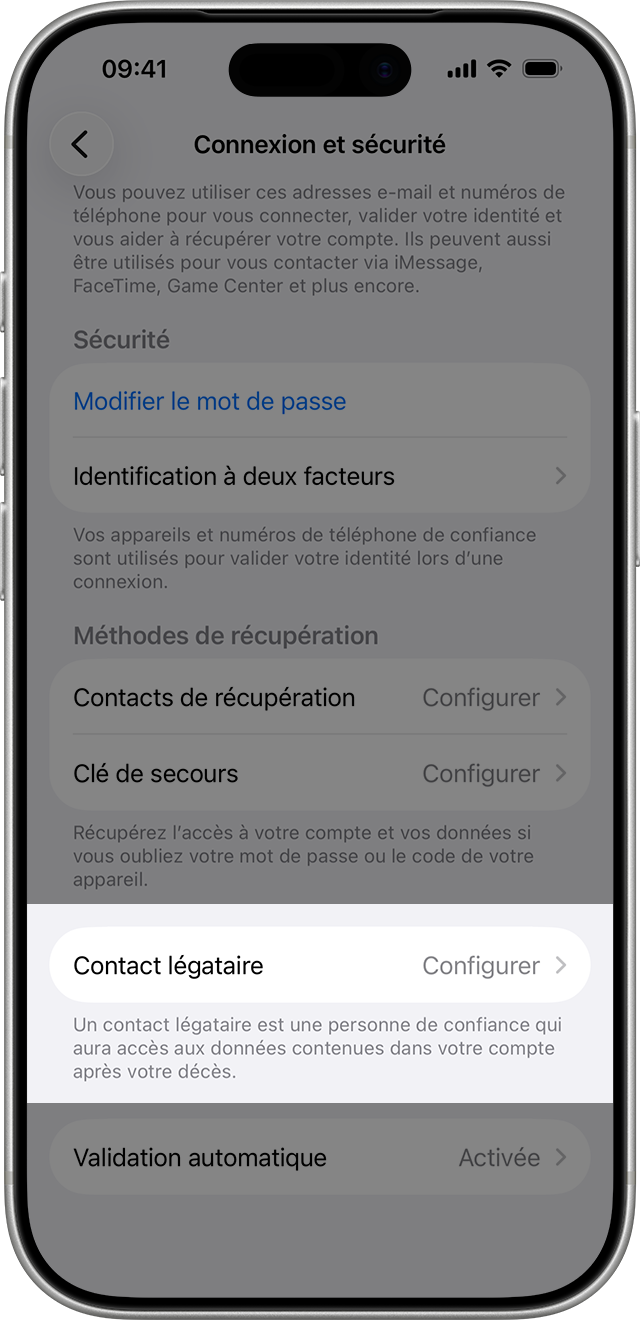 iPhone montrant comment ajouter un contact légataire.