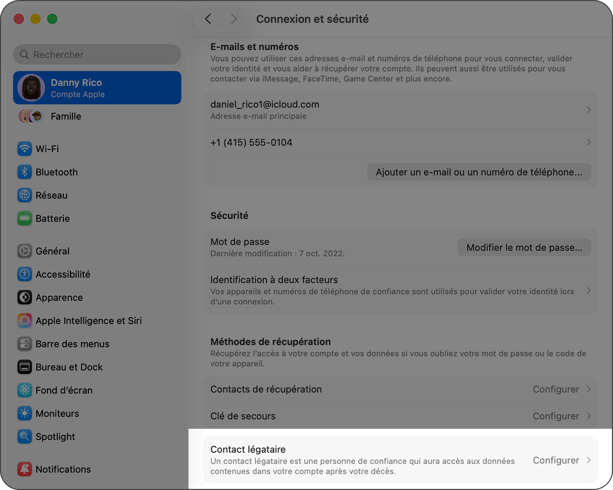 Mac affichant le menu Réglages Système et expliquant comment ajouter un contact légataire.