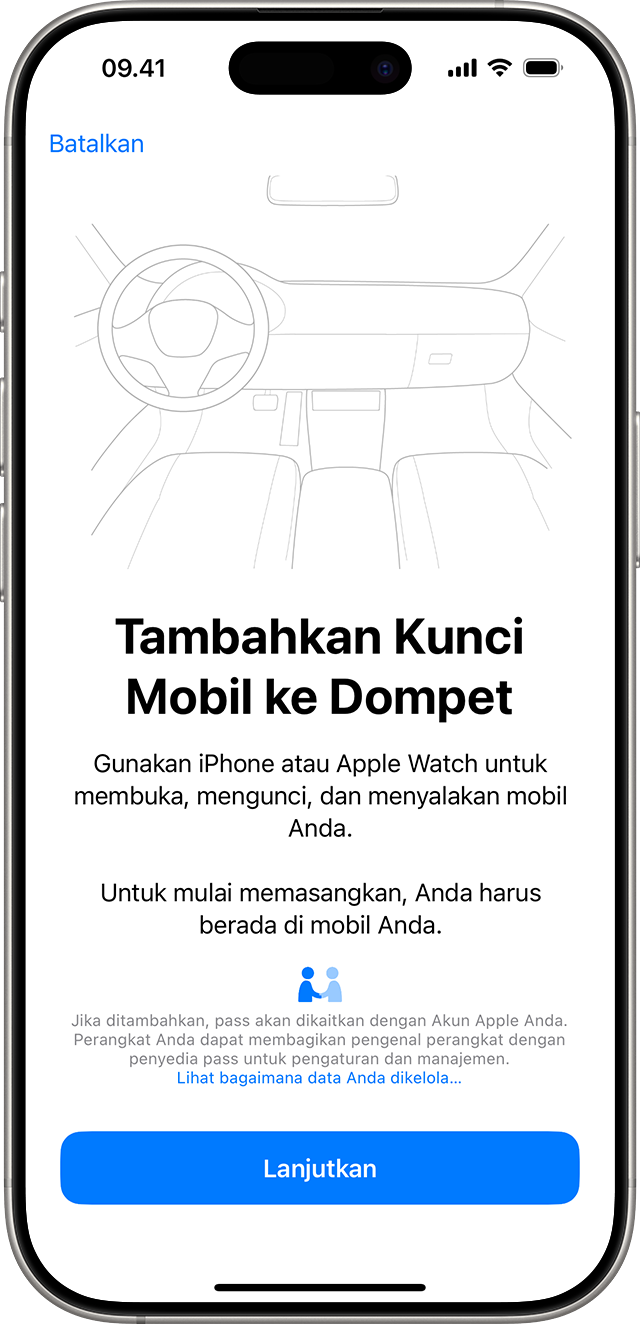 Pemasangan Kunci Mobil di app Dompet di iPhone.