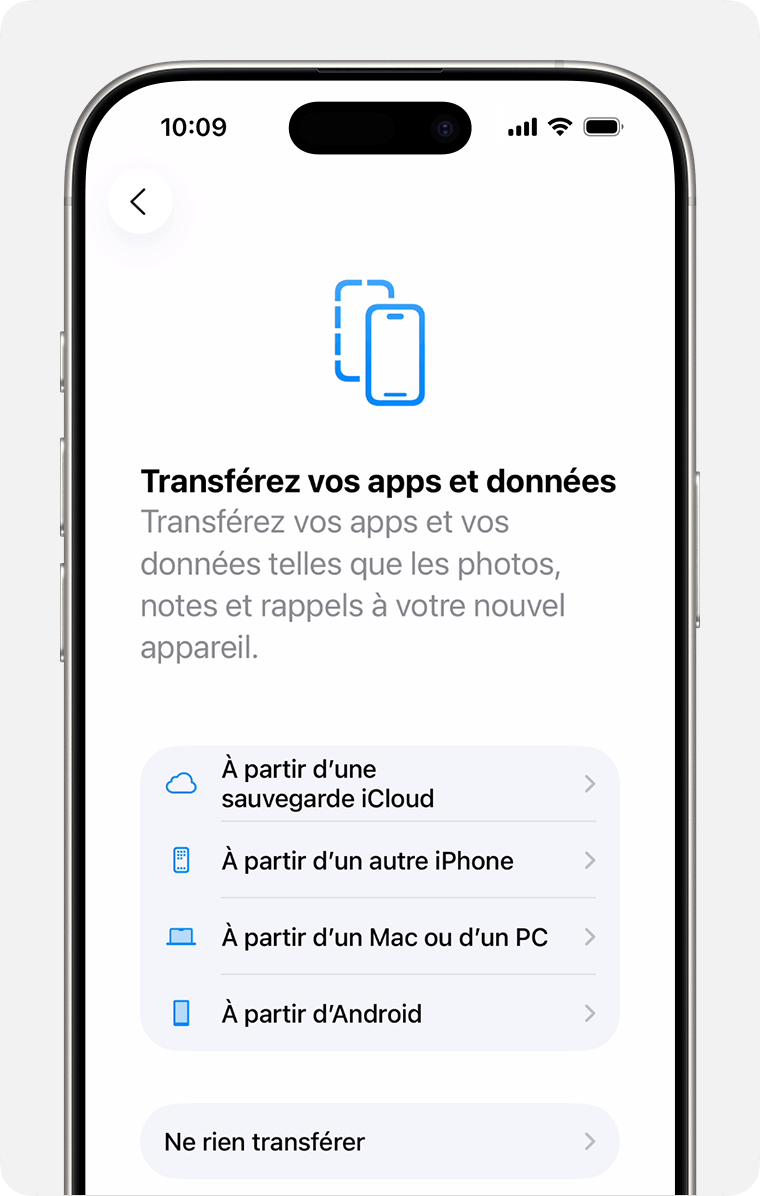Écran de l’iPhone affichant l’option de transférer des apps et des données