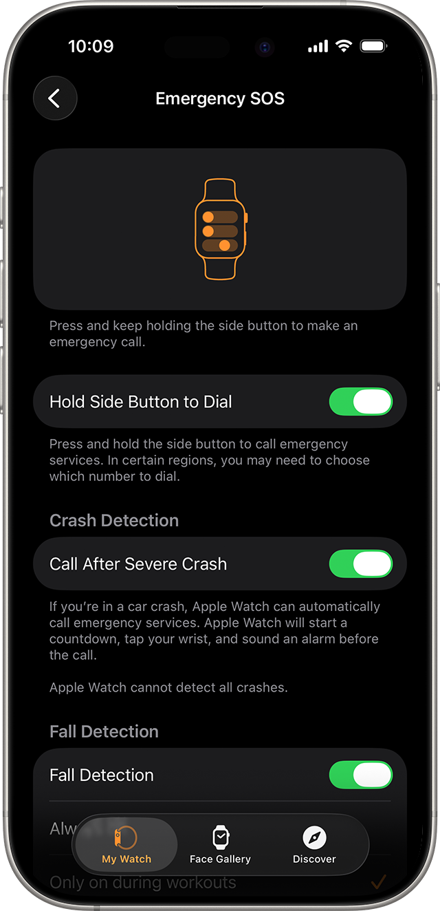 An iPhone that shows the available settings for Emergency SOS.