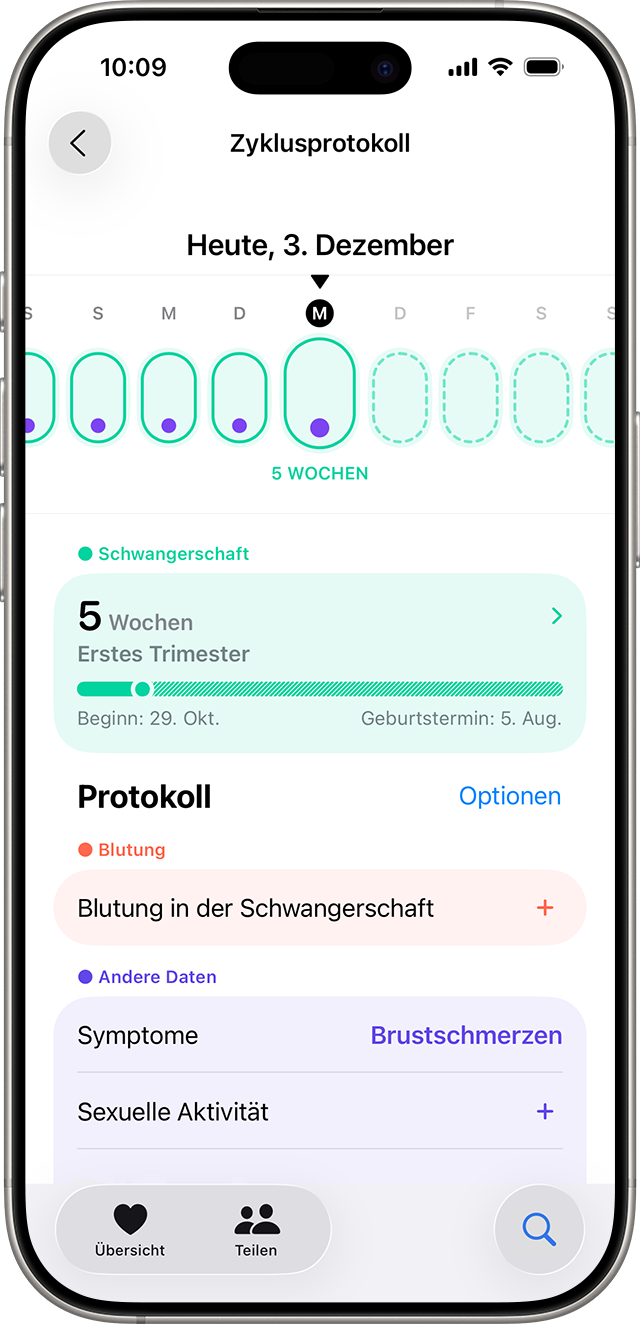 Ein iPhone mit dem Bildschirm „Zyklusprotokoll“ mit einer protokollierten Schwangerschaft und mit den Optionen zum Protokollieren von Blutungen oder Symptomen.