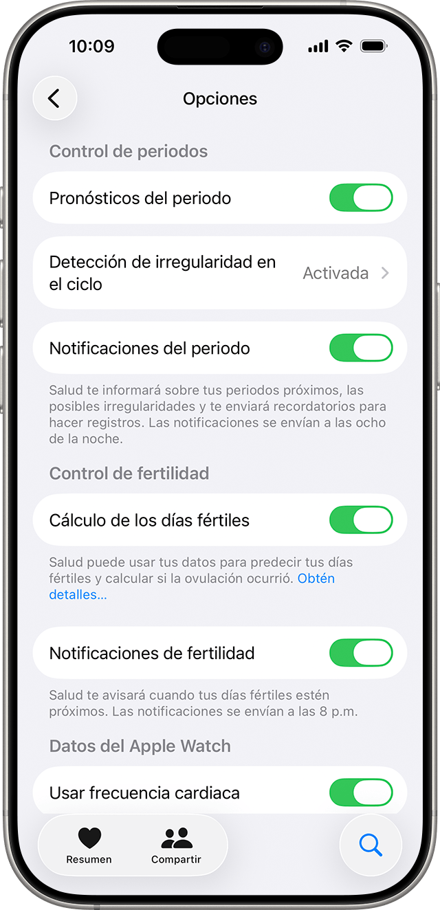 Un iPhone en el que se muestran las opciones de Control del Ciclo, como Pronósticos del periodo y Notificaciones de fertilidad.