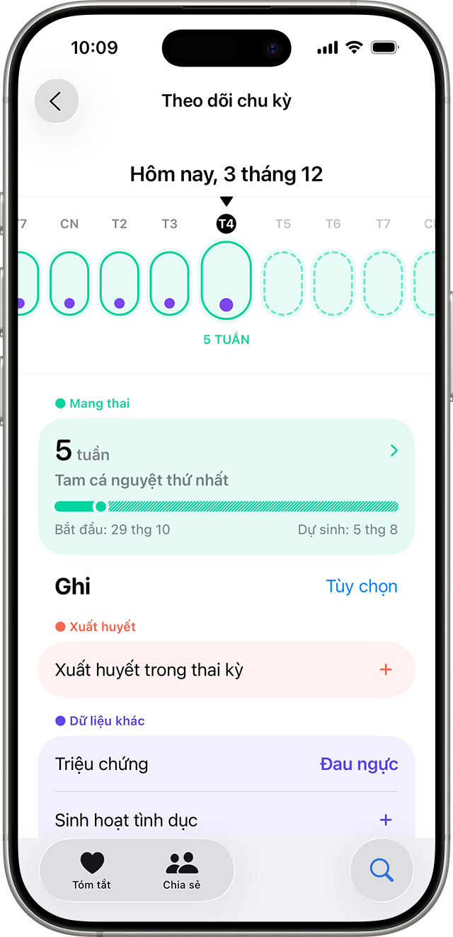 iPhone hiển thị màn hình Theo dõi chu kỳ với một thai kỳ được ghi nhật ký và các tùy chọn để ghi nhật ký chảy máu hoặc các triệu chứng.
