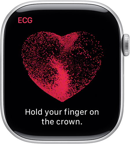 An Apple Watch prompting you to hold your finger on the crown for an ECG reading.