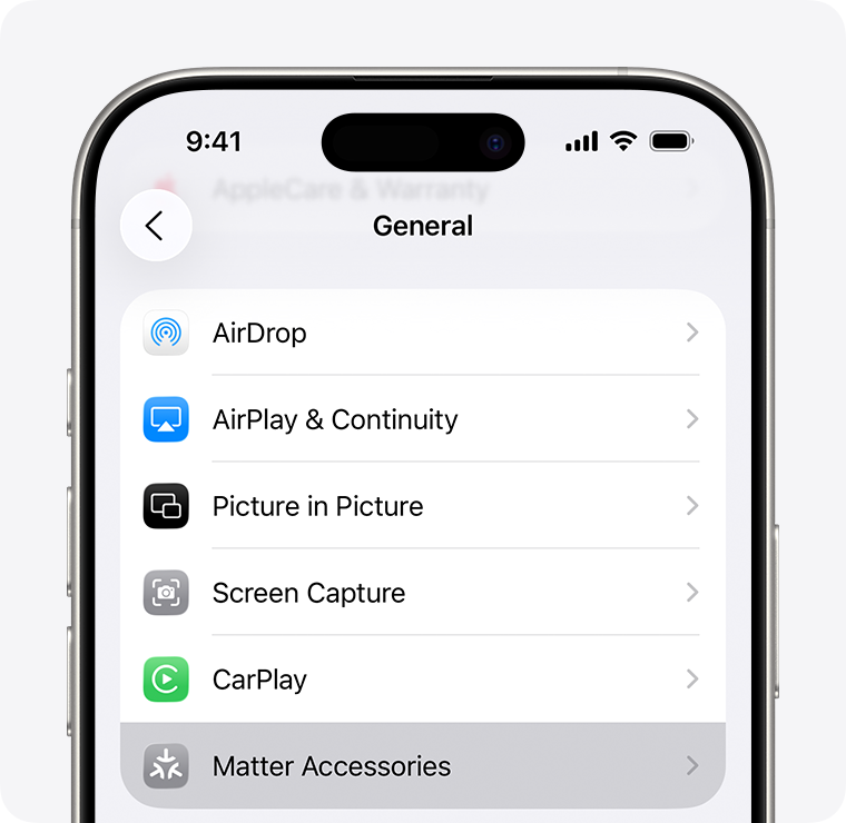 Matter Accessories under Settings > General on iPhone.