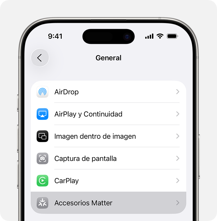 Accesorios de Matter en Ajustes > General en el iPhone.